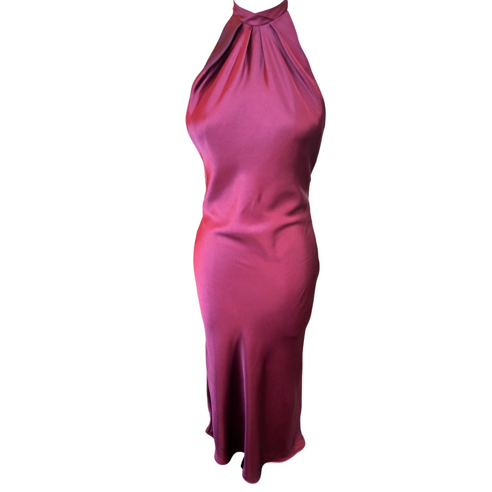Formal Cocktail Zara Midi Dress Halter Backless Bow Satin Plum Burgundy Small